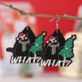 Pendientes colgantes de madera de gato negro de Navidad pendientes festivos bonitos - Gato Negro Árbol Navidad / Patrón 1665