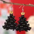 Pendientes de madera de árbol de navidad gato negro colgante joyería festiva regalo - Árbol Navidad Gato Negro / Patrón 1666