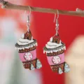 Boucles d'oreilles pendantes tasse de café de Noël en bois bijoux de fête mignons - Style Tasse à Café Maison Pain d'Épices Rose (1677) / 1677 (Tasse Maison de Pain d'Épices Rose)