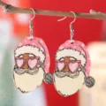 Weihnachtliche Holz Ohrringe Weihnachtsmann mit rosa Mütze und Herzbrille, lustiger Schmuck. - Rosa Hut Herz-Sonnenbrille Weihnachtsmann (1801)