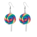 Detailed close-up of colorful lollipop design earrings made with polymer clay, cute candy style. - Spiral Lollipop / Dark Multi