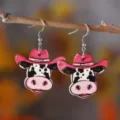 Cute pink cowboy hat cow drop earrings, fun western style wooden animal pendant jewelry item. - Full Cow Style (3530)
