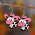 Pink cowboy hat cow wooden dangle earrings cute farm animal drop earrings for daily wear - Cow Head Style (3531)