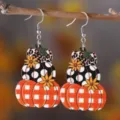 Pendientes colgantes de madera otoño calabaza cuadros lunares para mujeres moda elegante - 3327 (Leopardo Cuadros Lunares Apilamiento)