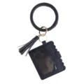 Dark blue PU leather wristlet keychain with card holder and tassel, close-up accessory detail. - Navy Blue Card Bag (B24-0401) / 1 Piece/Pack