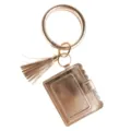 PU leather wristlet keychain bracelet with card holder tassel metallic finish chic accessory - Rose Gold Double Ring Tassel Leather Card Bag (B24-0101) / 1 Piece/Pack