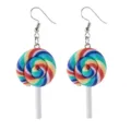 Close up detail of colorful polymer clay swirl lollipop dangle earrings with metal hooks. - Spiral Lollipop / Light Multi