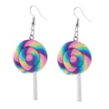 Colorful lollipop polymer clay dangle earrings closeup detail, fun sweet candy jewelry for women. - Spiral Lollipop / Pink Purple