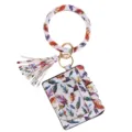 Detail view of PU leather wristlet card holder keychain with colorful feather print and tassel. - Colored Feather Double Ring Tassel Card Bag (B50-0503) / 1 Piece/Pack