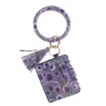 Porte-clés bracelet en cuir PU motif floral violet avec porte-cartes et joli pompon - Porte-cartes Fleurs Violettes (B24-0202) / 1 Pièce/Paquet