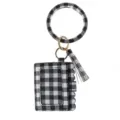 Black and white buffalo plaid o-ring keychain with card wallet and leather tassel for women. - Black White Grid Double Ring Card Bag (B47-0401) / 1 Piece/Pack