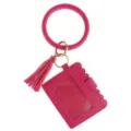 Hot pink PU leather wristlet keychain with tassel and card holder, trendy women keyring. - Rose Red Double Ring Tassel Card Bag (B50-0203) / 1 Piece/Pack