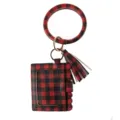 Red black buffalo plaid wristlet keychain PU leather card holder wallet with tassel ring - Red Black Grid Double Ring Card Bag (B47-0202) / 1 Piece/Pack