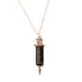Gold tone syringe pendant necklace close up, featuring black enamel detail on fine chain link. - Black Syringe Nurse Series Style