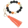 Halloween wooden bead keychain with leather tassel, pumpkin ghost patterned key ring wristlet. - Orange Style 3