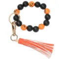 Halloween wooden bead bracelet keychain with orange leather tassel and pumpkin face design. - Orange Style 1