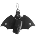 Bat wing PU leather car key case with metal keyring and hook holder black key cover - Black