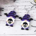 Detailed close-up of Halloween bat skull gnome wooden earrings, gothic double-sided pendant. - Skull Gnome Style (3313-4)