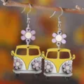 Wooden flower school bus earrings, double-sided printed retro camper van design, chic jewelry gifts. - Yellow School Bus Style (3289)