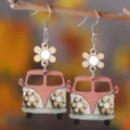 Wooden retro camper van earrings with floral details, cute drop hook design for women. - Pink School Bus Style (3290)