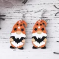 Halloween wooden gnome earrings with cute bat design, lightweight dangle earrings for women. - Bat Gnome Style (3313)