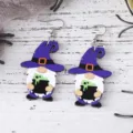 Cute Halloween wooden gnome earrings with purple witch hat and cauldron, gothic style. - Wizard Cauldron Gnome Style (3313-3)