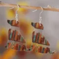 Cute acrylic dog earrings featuring library bookshelf pattern, stylish back to school jewelry. - Dog