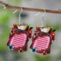 Back to school pink schoolbag wooden dangle earrings, cute stationery student gift jewelry variant. - Schoolbag Style (2546)