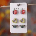 Set de pendientes de tuerca de madera, diseño manzana corazón mariposa, bonito regalo - Juego Mixto Mariposa Manzana Lápiz (2321)