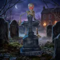 Creepy Halloween glowing skeleton tombstone prop detail, scary graveyard scene decoration. - 1m Large Glowing Tombstone Crawling Skeleton