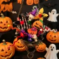 Halloween hanging cauldron bouquet with plush pumpkins and skeletons, perfect for party decor. - Bouquet Bucket Four (Z353)