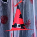 Halloween red witch hat with black ghost pattern, festive party costume accessory variant. - Non-Glowing / Red