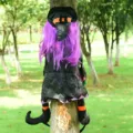 Halloween tree-climbing witch hanging decoration with purple hair and broom for outdoor party decor - Purple Hair Tree-Hugging Witches