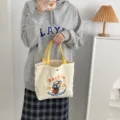 Corduroy Tote Bag Cute Cartoon Rabbit Embroidery Yellow Handle Casual Handbag for Women - Rabbit Baseball Player / Off White