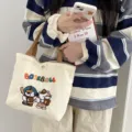 Corduroy tote bag for women with cute cartoon embroidery and baseball letter design, casual style. - Puppies and Kittens Playing Baseball / Off White