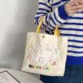 Cute corduroy tote bag for women, soft plush rabbit embroidery handbag with yellow handles. - Two Rabbits / Yellow Handle