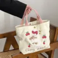 Cute corduroy tote bag with plush rabbit embroidery and pink handles for women and girls. - Cherry Rabbit / Pink Handle