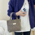 Autumn winter houndstooth woolen handbag versatile small tote bag for women daily commute - Small Handheld / Brown