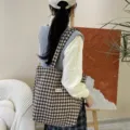 Autumn winter houndstooth wool shoulder bag for women, stylish tote handbag and casual shopper. - Shoulder Style / Brown