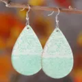 Mint green teardrop acrylic earrings with white lace pattern, chic vacation style dangles. - Light Green White Lace Style (1335)