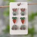 Ostern Holz Kaninchen Karotte Ohrstecker Set süße tierische Schmuck Geschenke für Frauen - Hasenkopf Karottenfüße Ohrstecker Set (2240)