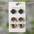 Grünes St. Patricks Day Kleeblatt Regenbogen Ohrringe Set Detailansicht, Modeschmuck - Drei Paar Ohrringe Set (SHE2131)