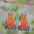 Osterhase Holz Ohrringe, süße Blumen hohle Holz Anhänger Ohrringe für Damen und Mädchen - Hohlhase Rose (2165)