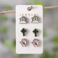Hölzerne Kreuz und betende Hände Ohrstecker Set, Vintage religiöser Schmuck für Damen. - Retro-Kreuz und Betende Hände Stil (2134) / 3er Set