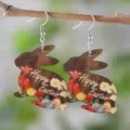 Pendientes de madera de conejo de Pascua con estampado floral y de huevos, joyería festiva. - Estilo Conejo Happy Easter (2585)