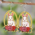 Ostern Holz Kaninchen Rose Ohrringe hohl hängend niedliche Blumen Schmuck für Damen - 2166