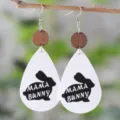 Osterhase süße Tropfen Leder Ohrringe Holzscheibe Hängeohrringe für Damen Geschenk - MAMA BUNNY Schriftzug-Stil (2401)