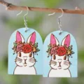 Osterei Holz Hasen Ohrringe mit Blumenkranz, süße hängende Holzohrschmuck für Frauen Mädchen - 2167