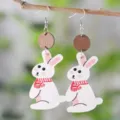 Boucles d'oreilles lapin de Pâques en bois et cuir PU, joli pendentif écharpe rouge. - Style Lapin Blanc avec Écharpe (2404)