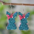 Süße blaue Glitzer Hase Holz Ohrringe mit rosa Schleife hängend Osterschmuck für Frauen - Blauer Glitzerhase Schleife (2563)
